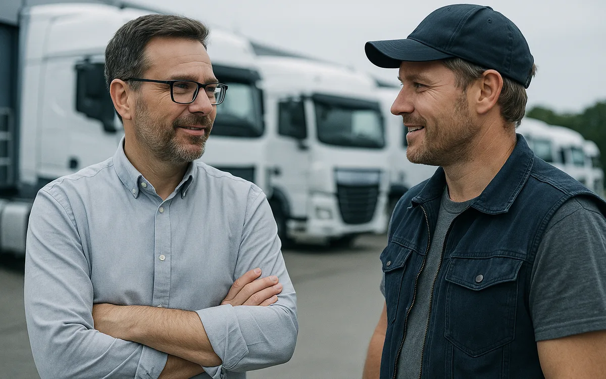 Spediteur im Gespräch mit seinem Lkw-Fahrer auf dem Hof, auf Augenhöhe, kühles Tageslicht