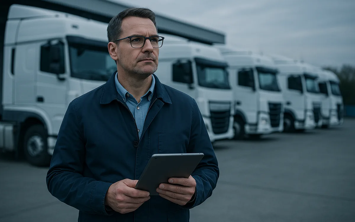 Fuhrparkleiter plant vor seiner Lkw-Flotte auf dem Speditionshof im kühlen Morgenlicht